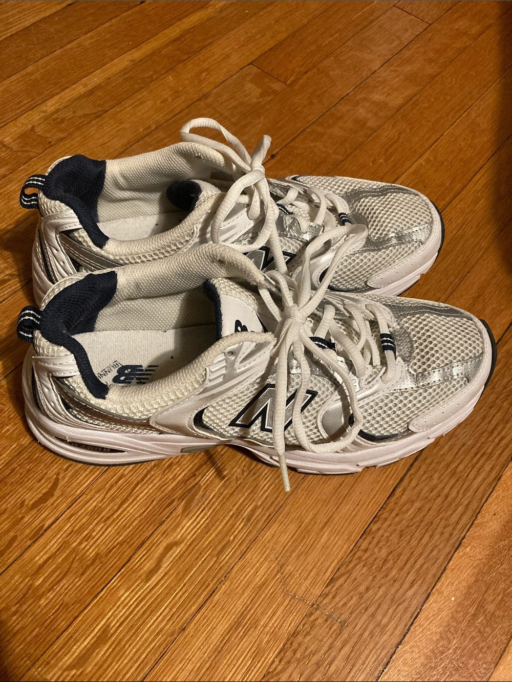 New Balance White and Navy Athletic Sneakers